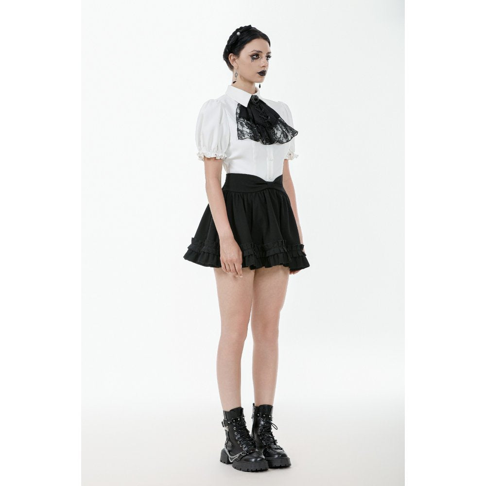 Model wearing Dark in Love Elysia Gothic Blouse styled with high-waisted skirt, epitomizing dark academia elegance.