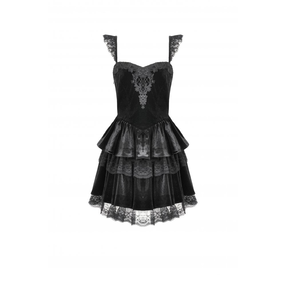 Back view of the Dark in Love Nocturne goth dress, featuring a concealed zipper and the intricate layering of ruffles and lace.