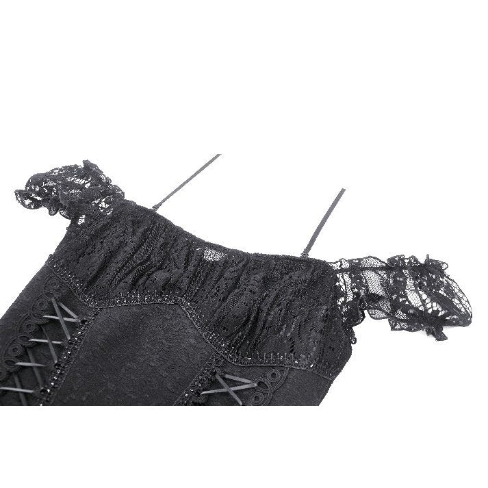 Close-up view of the exquisite lace-up back of the Kelilah Lace Hi-Low Dress highlighting its gothic elegance.