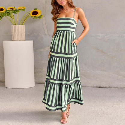 Summer Striped Printed Suspender Long Dress With Pockets in sophisticated mint green and dark stripes, a perfect ensemble for elegant summer gatherings, radiating luxury.