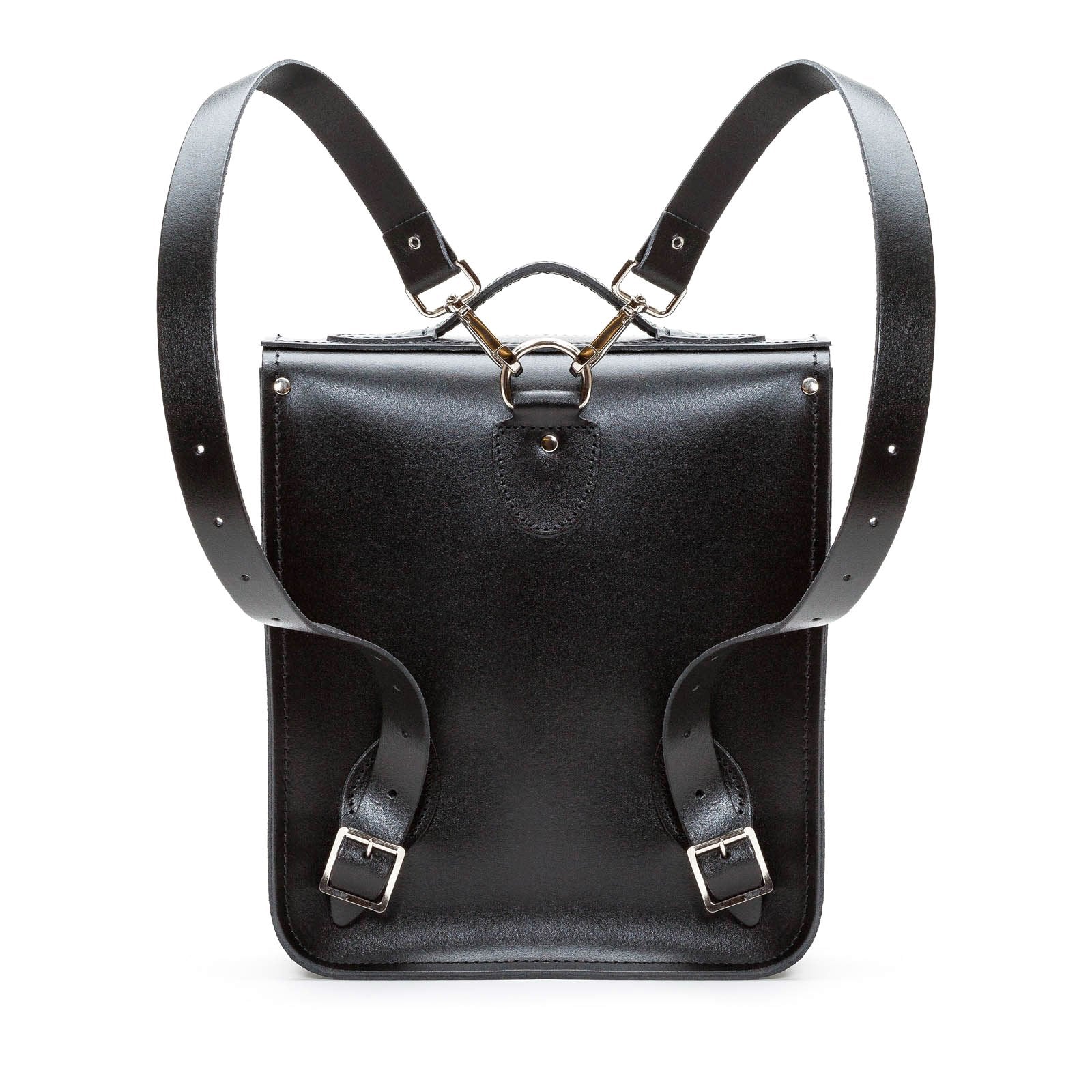 Stylish Gothic Striped Red & Black Handmade Leather City Backpack displayed in various carrying modes: as a backpack, shoulder bag, and crossbody bag.