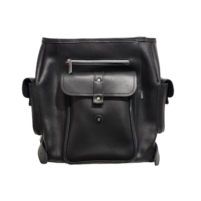 Stylish interior of the men's leather backpack displaying ample storage space with zipped front pocket and extra compartments.
