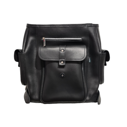Stylish interior of the men's leather backpack displaying ample storage space with zipped front pocket and extra compartments.