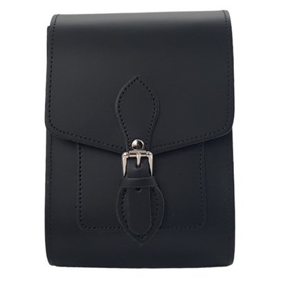 Close-up of the premium leather texture of the Handmade Leather Festival Phone Bag, highlighting its exquisite craftsmanship and sophisticated black finish.