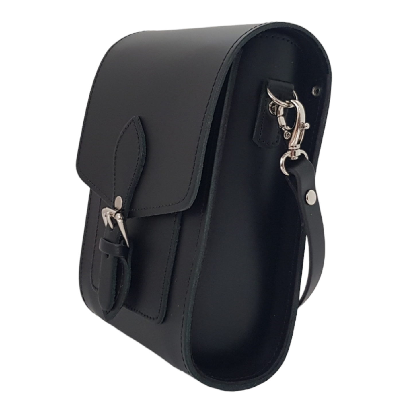 Handmade Luxury Black Leather Festival Phone Bag showcasing its sleek design and magnetic closure elegantly styled against a vibrant festival backdrop.