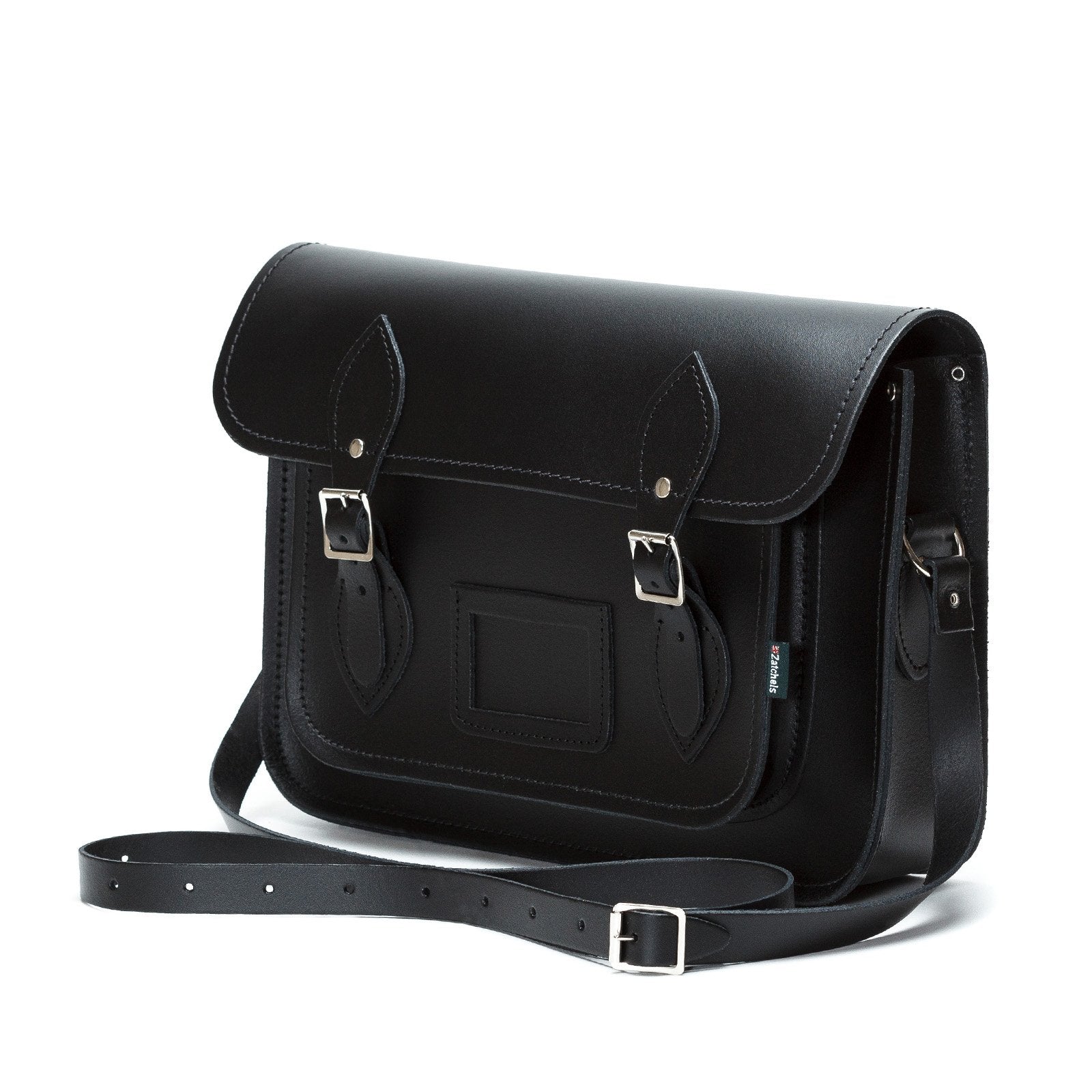 Versatile Luxury Handmade Leather Satchel styled as a cross-body bag, highlighting its customisable features including name engraving options.