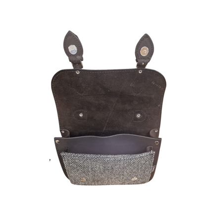 Adjustable strap of the Handmade Black Tannery Leather & Tweed Midi Satchel Bag, effortlessly transitioning from handbag to cross-body style.