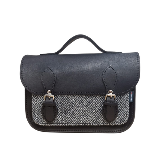 Luxurious Handmade Black Tannery Leather & Tweed Midi Satchel Bag showcasing intricate craftsmanship and vintage style, ideal for sophisticated fashion enthusiasts.
