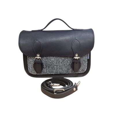 Exquisite Handmade Black Tannery Leather & Tweed Midi Satchel Bag showcasing luxurious craftsmanship with unique vintage charm.