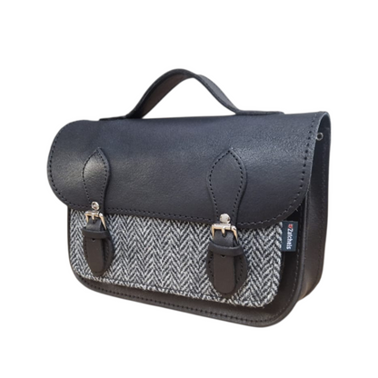 Elegant view of the Handmade Black Tannery Leather & Tweed Midi Satchel Bag featuring adjustable strap and stylish nickel silver buckles, perfect for daily use.