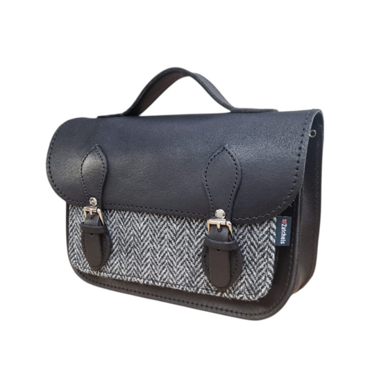 Elegant view of the Handmade Black Tannery Leather & Tweed Midi Satchel Bag featuring adjustable strap and stylish nickel silver buckles, perfect for daily use.