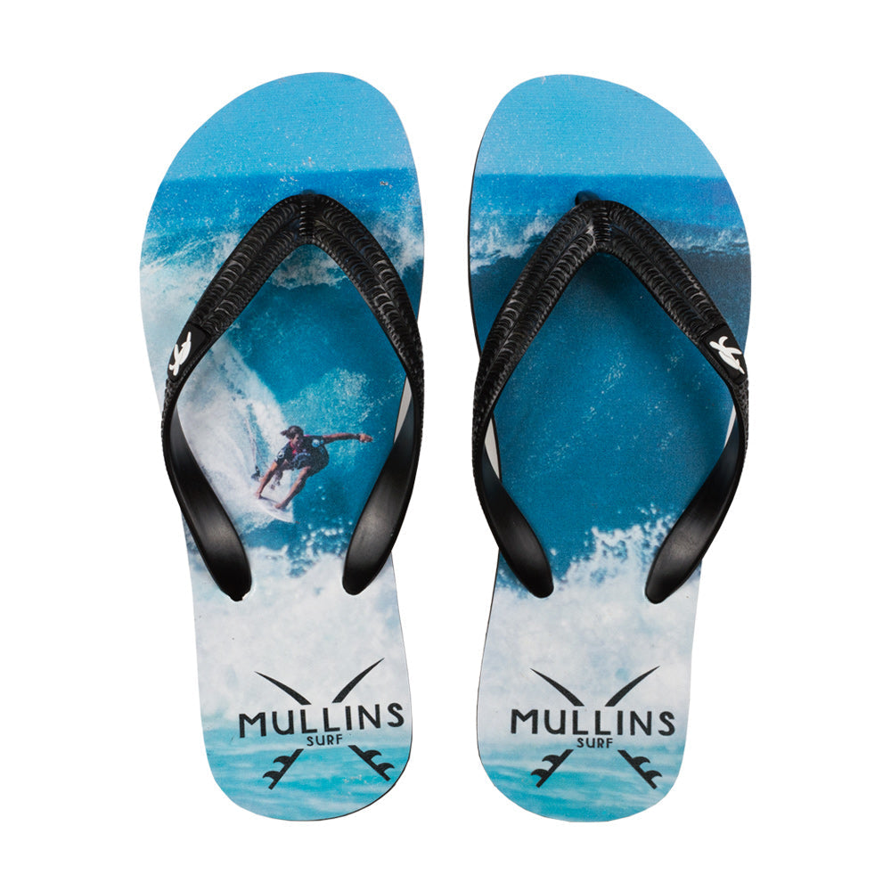 Luxury black flip flops for adults with durable rubber sole, showcasing Mullins Turtle branding for a stylish summer look.