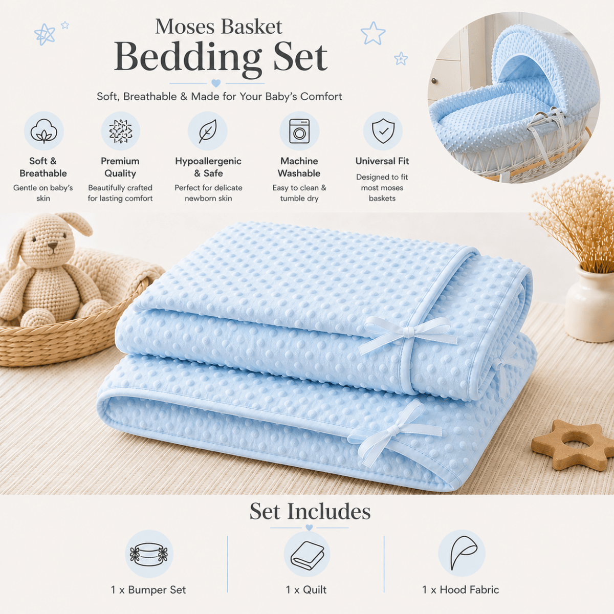 Blue Dimple Moses Basket Bedding Set