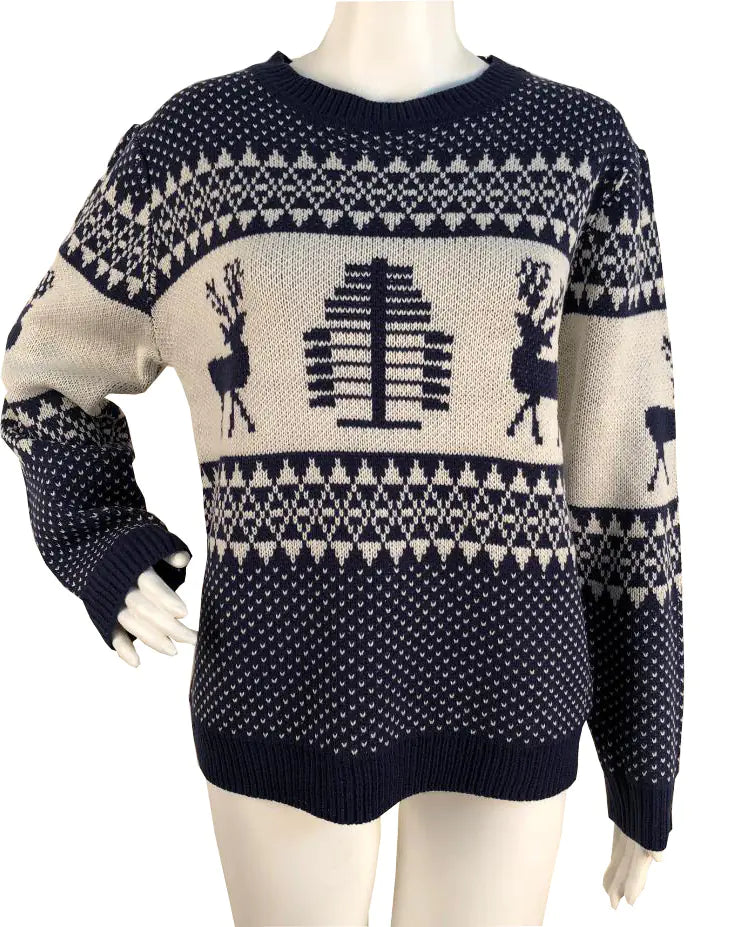 Elegant Christmas Reindeer Sweater in navy, presenting a luxurious design with festive reindeer details.
