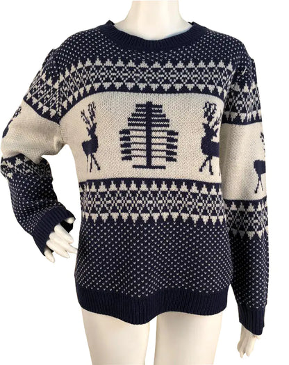Elegant Christmas Reindeer Sweater in navy, presenting a luxurious design with festive reindeer details.