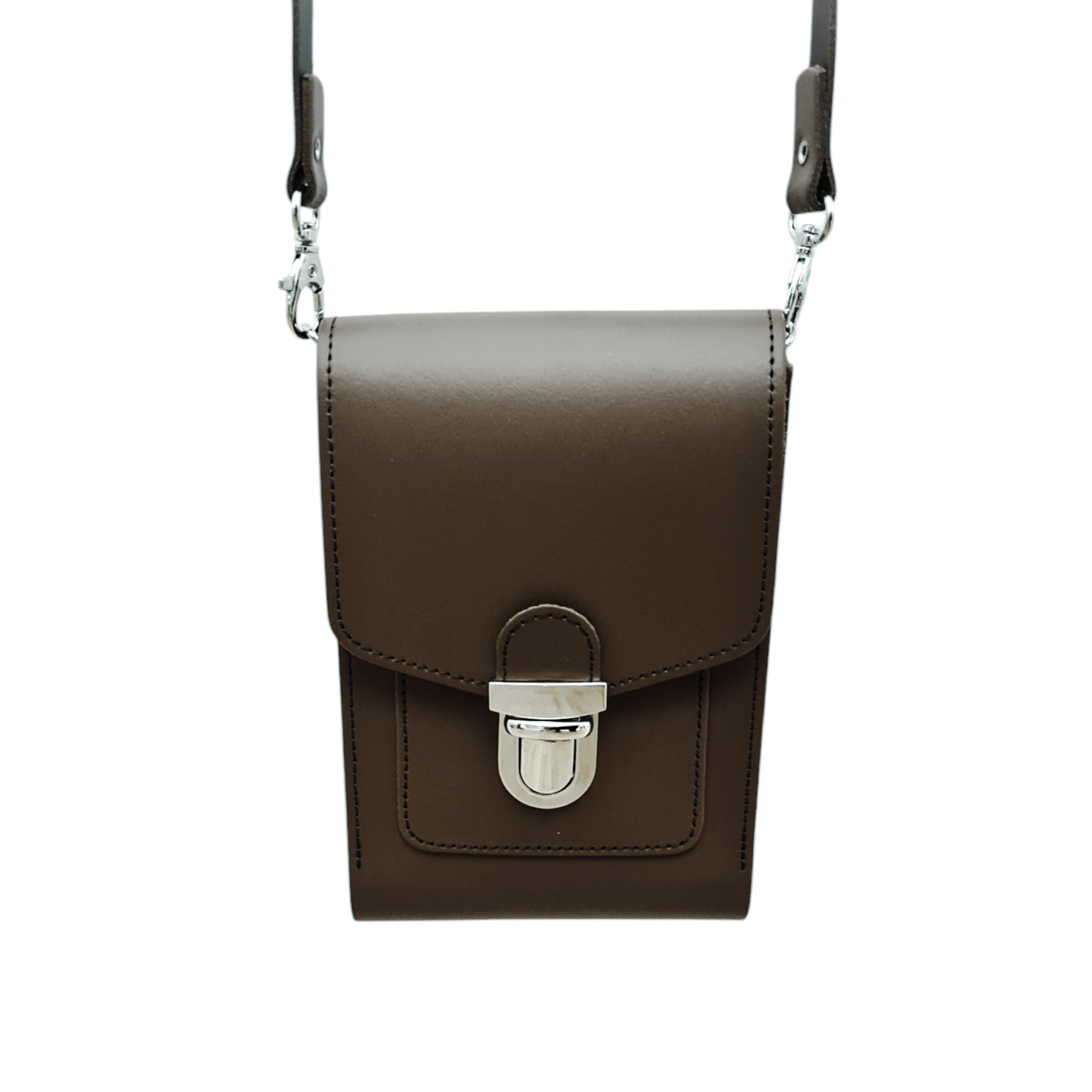 Handmade dark brown leather crossbody phone case with push lock feature, elegant design, and detachable strap, displayed on a luxurious surface.