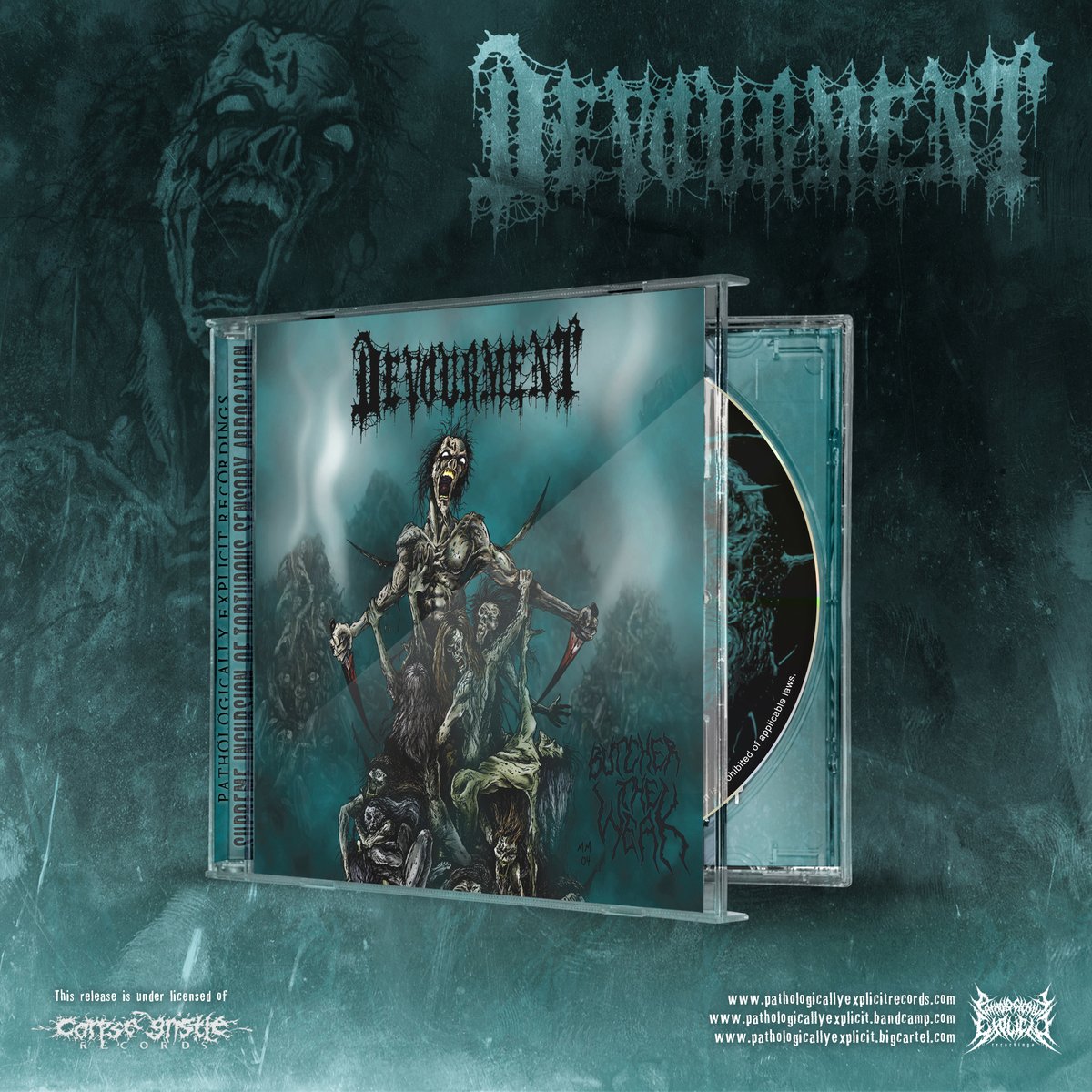 Devourment Butcher the Weak CD cover, showcasing striking artwork and details, officially licensed by Rancid Offal Records, epitomising the essence of luxury death metal music.
