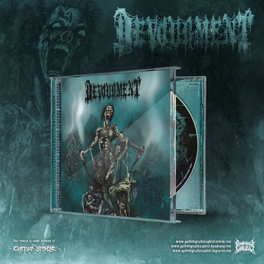 Devourment Butcher the Weak CD cover, showcasing striking artwork and details, officially licensed by Rancid Offal Records, epitomising the essence of luxury death metal music.
