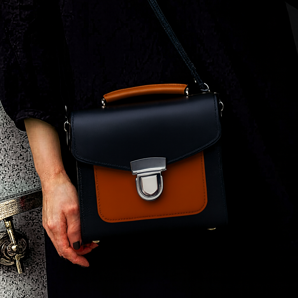 Handmade Leather Sugarcube Handbag Plus Size - Black & Burnt Orange, Adjustable Strap, Stylish Clutch