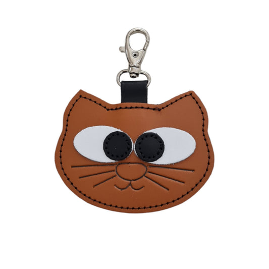 Handcrafted Leather Colourful Cat Bag Charm featuring a unique burnt orange ginger cat design, meticulously crafted from premium quality leather in England, measuring 90 x 75 mm, ideal for elevating personal accessories.