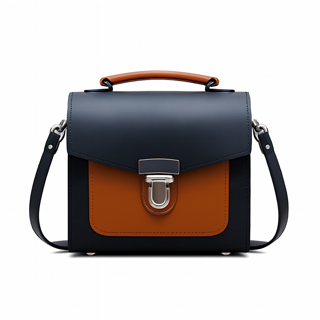 Handmade Leather Sugarcube Handbag Plus Size - Black & Burnt Orange, Adjustable Strap, Stylish Clutch