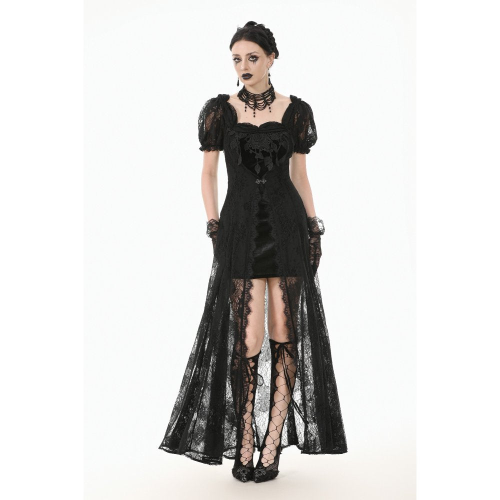 Dark In Love Morwenna Black Gothic Maxi Dress featuring a velvety sweetheart bodice and delicate lace overlay, elegantly styled for gothic events.