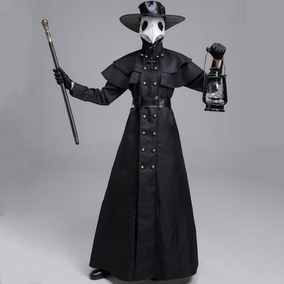 Halloween Dark Dungeon Hero Costume featuring a dramatic black dress with golden buttons, a striking Plague Doctor mask, a wide-brimmed hat, and a lantern, perfect for a spooky and elegant Halloween look.