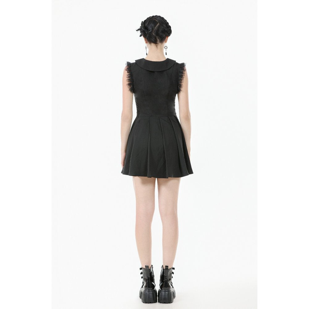 The Dark In Love Gwendolyn Black Mini Dress with feminine lace trim armholes and charming bow accents at the waist, perfect for gothic fashion enthusiasts.