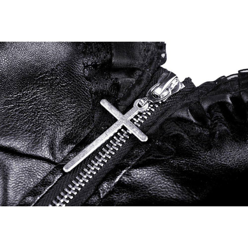 Stylish close-up of the Dark in Love gothic mini dress highlighting the metal cross zip detail, perfect for edgy fashion enthusiasts.