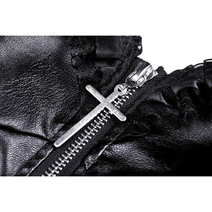 Stylish close-up of the Dark in Love gothic mini dress highlighting the metal cross zip detail, perfect for edgy fashion enthusiasts.