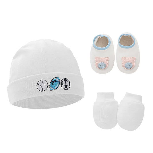 Elegant Baby Cotton Gloves and Foot Covers Set featuring a white baby beanie hat embroidered with sports motifs and matching cotton foot covers, perfect for luxury infant accessories.