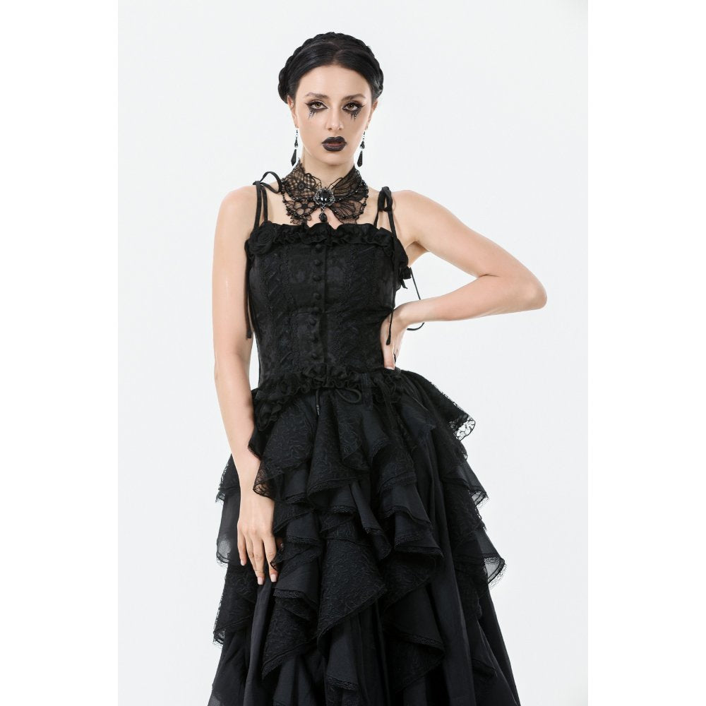 Structured bodice of Dark in Love Selene Corset Top with a row of covered buttons, enhancing the silhouette and adding sophistication.