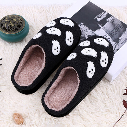 Stylish Halloween Funny Spider Ghost Scary Flat Indoor House Shoes for Women and Men, designed with plush materials and charming ghost motifs for a unique festive flair.