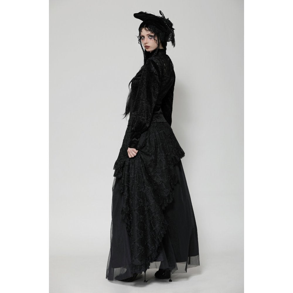 Model wearing the Dark In Love Cyra Gothic Jacquard Velvet Top, styled for a chic gothic aesthetic.