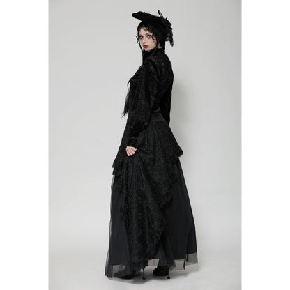 Model wearing the Dark In Love Cyra Gothic Jacquard Velvet Top, styled for a chic gothic aesthetic.