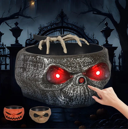 Luxury Halloween Candy Bowl With Motion Activated Skeleton Hand, featuring light-up red eyes and a spooky skull design, ideal for serving treats in style. Perfect for enhancing your Halloween party decor.