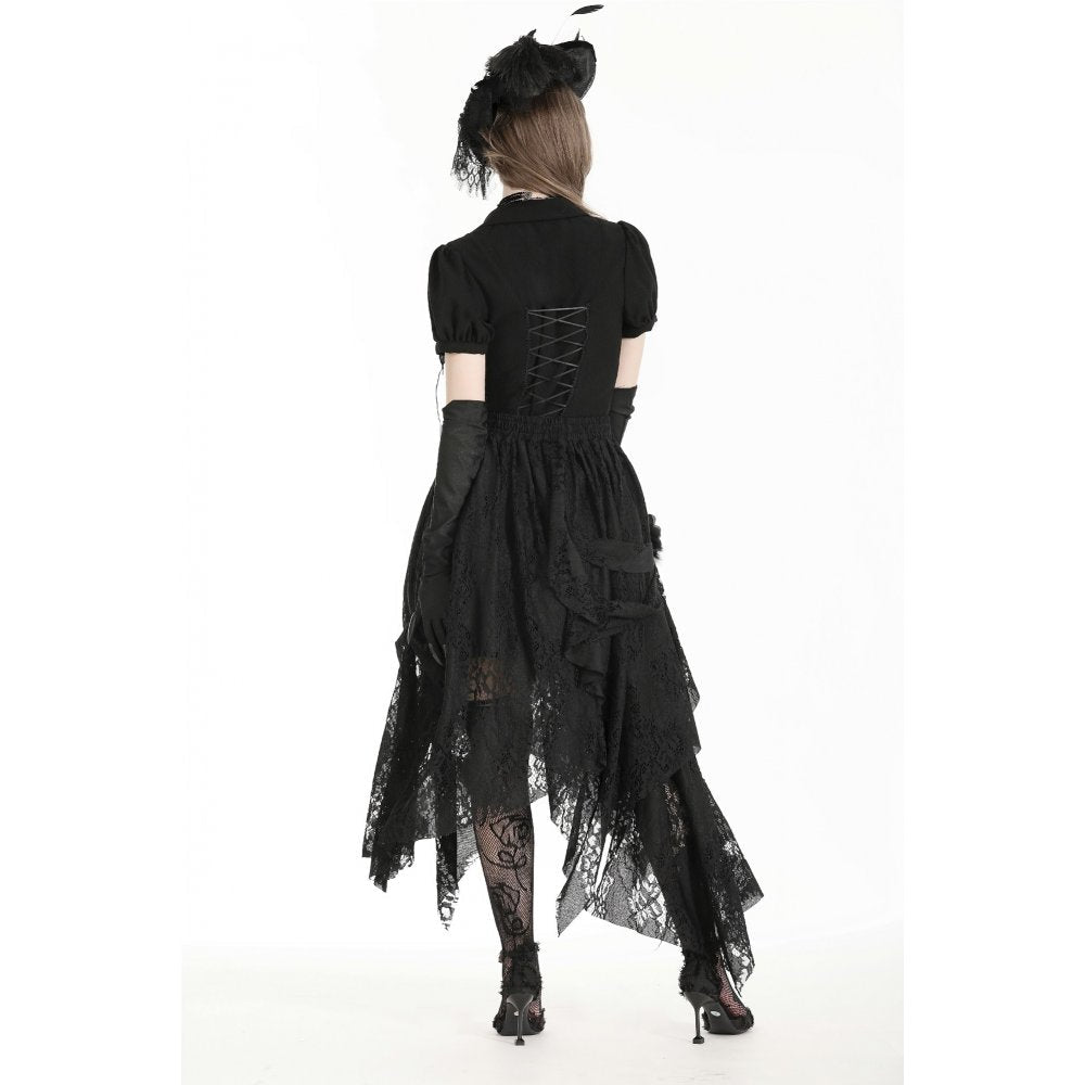 Luxurious Dark in Love Abella Distressed Lace Midi Skirt featuring intricate decorative flowers and layers of draped lace, perfect for a unique fashion statement.