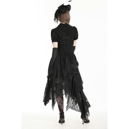 Luxurious Dark in Love Abella Distressed Lace Midi Skirt featuring intricate decorative flowers and layers of draped lace, perfect for a unique fashion statement.