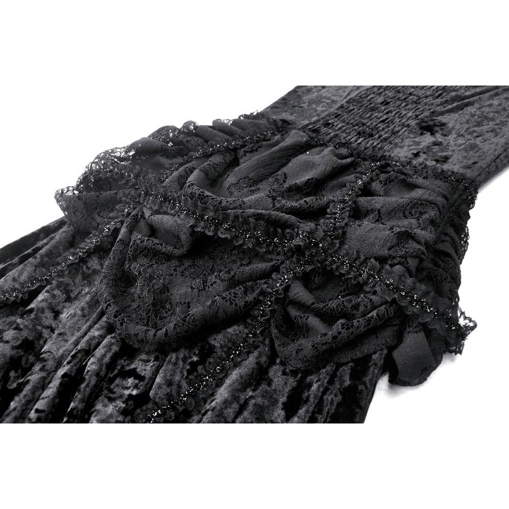 Intricate close-up of the Dark in Love Seraphina Velvet Lace Goth Dress featuring lavish velvet fabric and ornate lace overlays, ideal for the gothic fashion enthusiast.