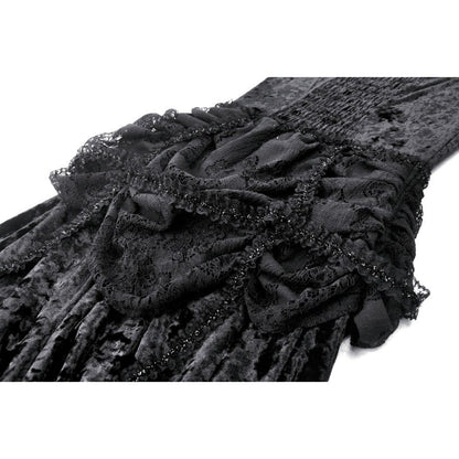Intricate close-up of the Dark in Love Seraphina Velvet Lace Goth Dress featuring lavish velvet fabric and ornate lace overlays, ideal for the gothic fashion enthusiast.