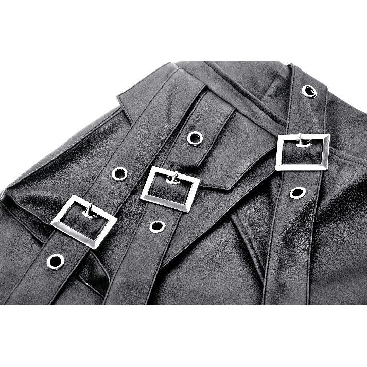 Detail view of the Dark in Love Chaos Reign Faux Leather Mini Skirt highlighting the punk-inspired buckle straps and decorative zips for a striking edgy look.