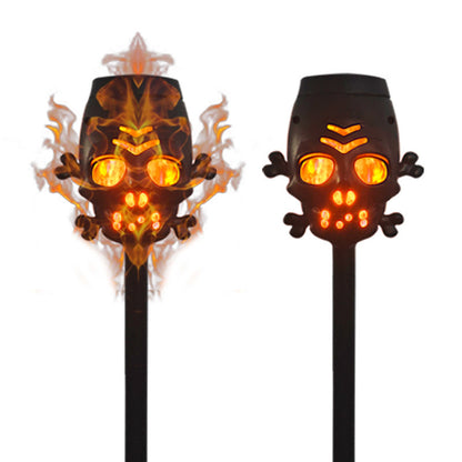 Sophisticated Solar Skull Simulation Flame Lamp for Halloween, illustrating its stunning skull design with lifelike flame effects on a sleek black post.