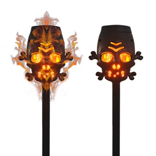 Sophisticated Solar Skull Simulation Flame Lamp for Halloween, illustrating its stunning skull design with lifelike flame effects on a sleek black post.