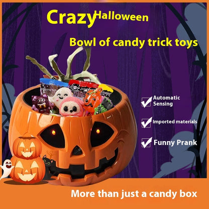 Children's Creative Electric Halloween Pumpkin Lamp Candy Bowl filled with assorted candies, featuring a charming pumpkin design set against a spooky Halloween backdrop, ideal for trick-or-treaters.