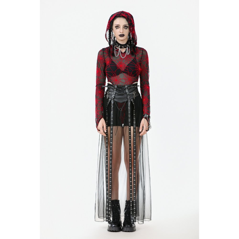 Model styling the dark in love sheer mesh maxi skirt with a chic mesh top and chunky boots, embodying a fierce dark aesthetic for a modern gothic look.