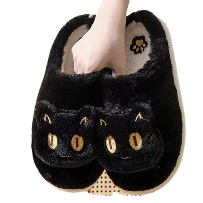 Cotton Cat Slippers Soft Plush Comfy Warm Couple Slip-On House featuring an irresistible black cat face design, perfect for indulging in warmth and style.