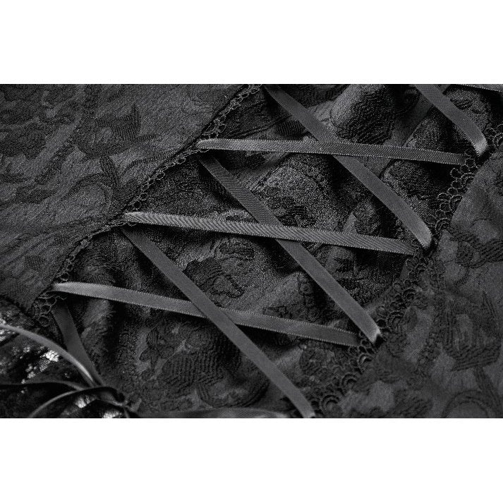 Soft, sheer lace hem of the Dark in Love Seraphina Black Ruched Lace Blouse peeking under the bodice, enhancing its enchanting gothic allure.