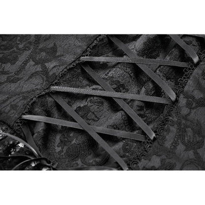 Soft, sheer lace hem of the Dark in Love Seraphina Black Ruched Lace Blouse peeking under the bodice, enhancing its enchanting gothic allure.