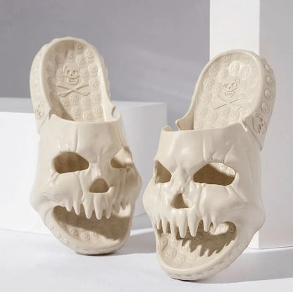 Personalized Skull Design Halloween Slippers elegantly displayed, showcasing a distinctive skeleton motif, perfect for combining style and comfort in indoor and outdoor settings.