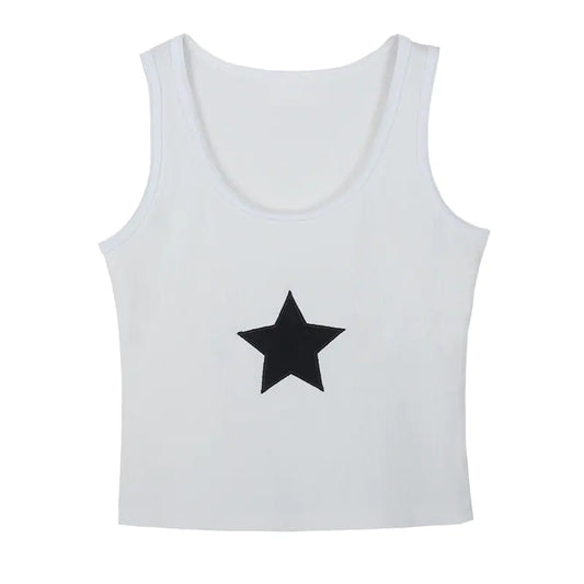 Elegant Women’s fashion Star Embroidered Baby Crop Top displayed in pure white, featuring a bold black star, perfect for versatile styling.